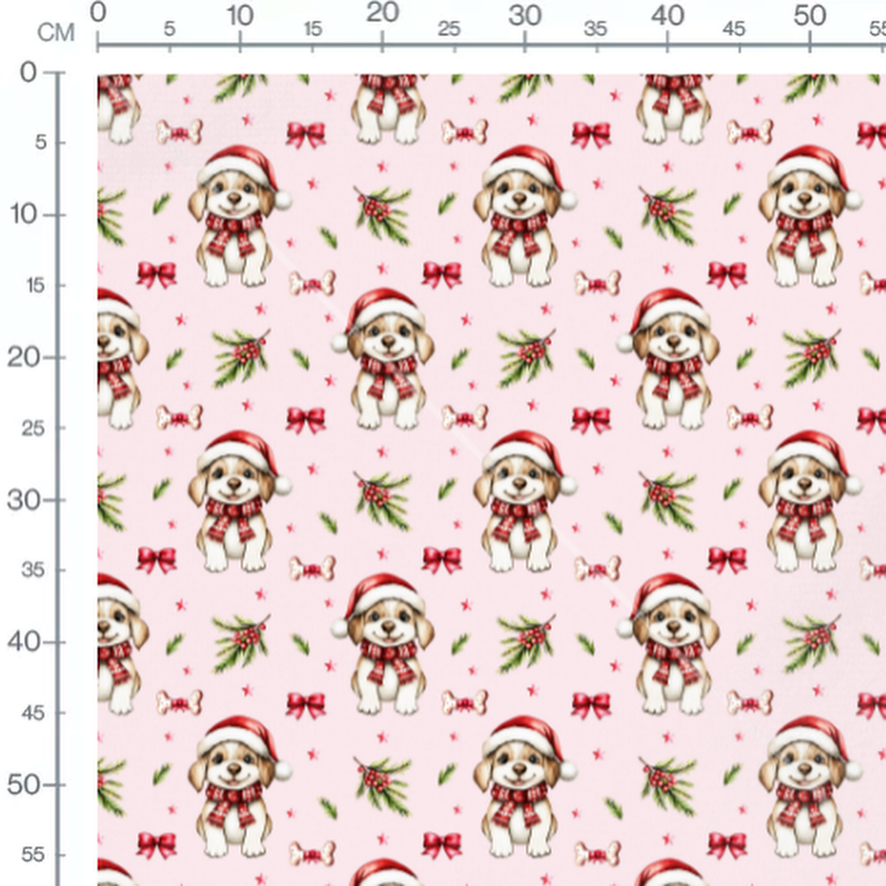 Tissu - Chiot Noel fond rose