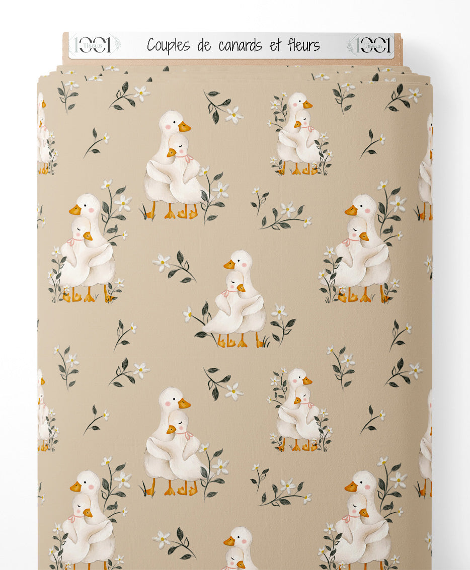 Tissu - Couples de canards et fleurs