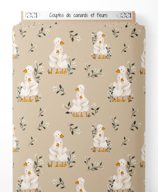 Tissu - Couples de canards et fleurs