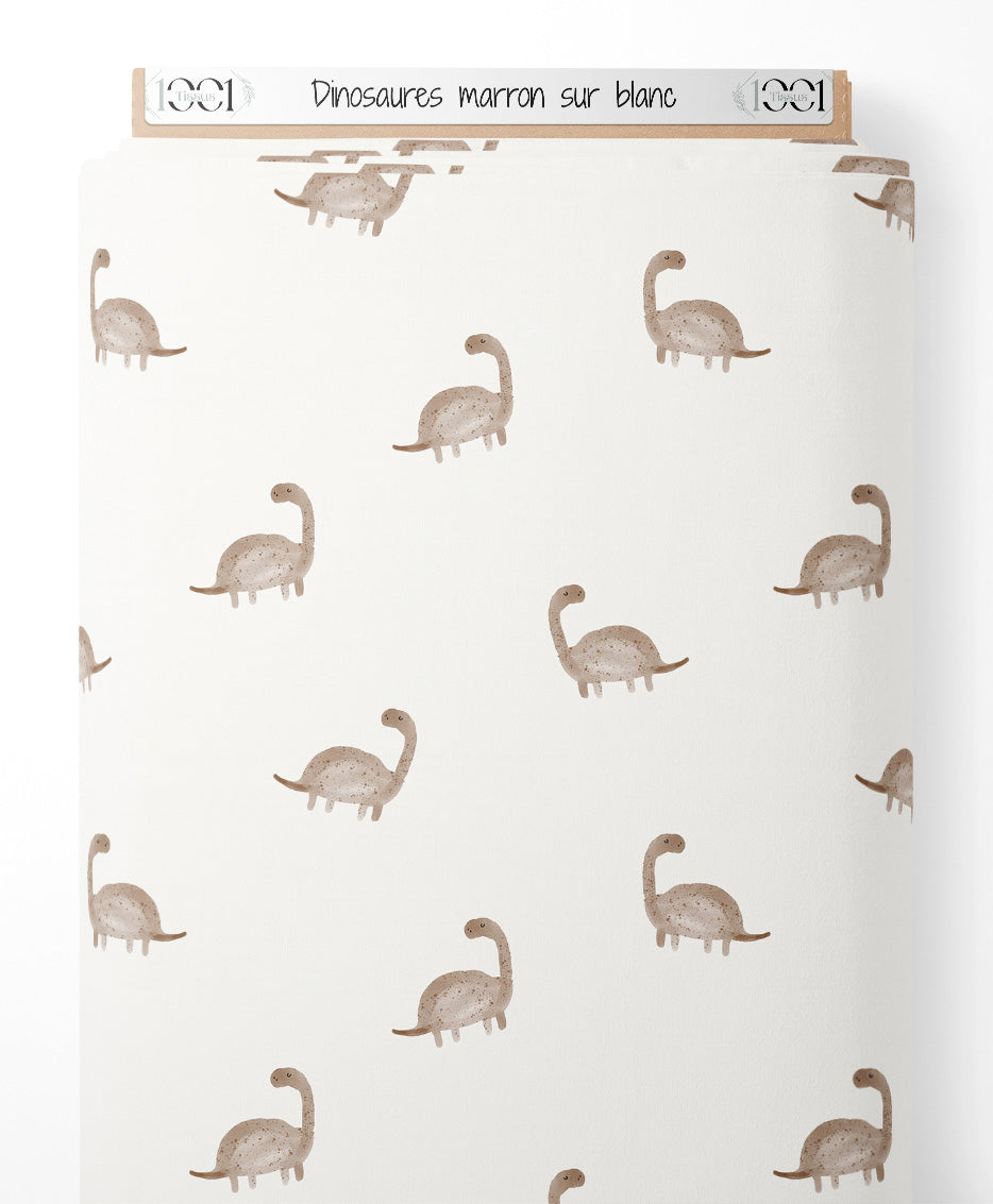 Tissu - Dinosaures marron sur blanc