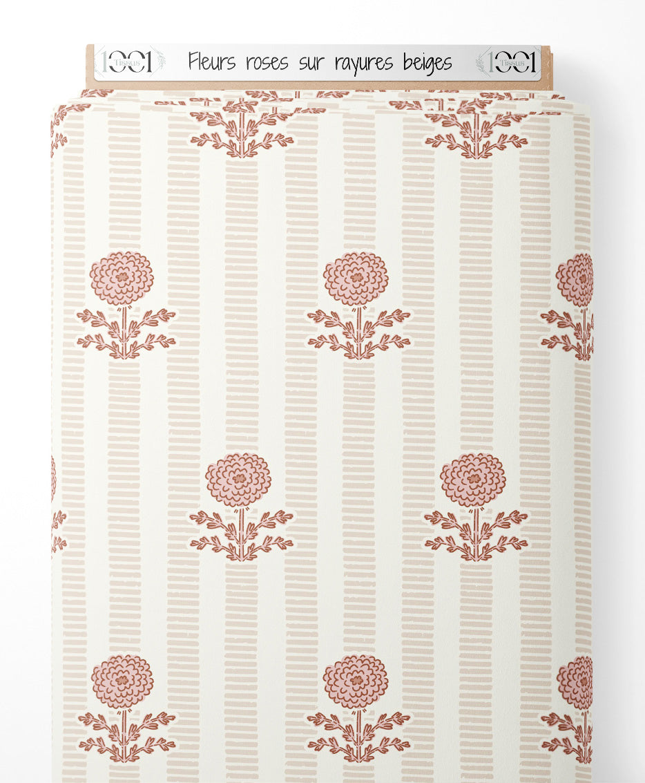 Tissu - Fleurs roses sur rayures beiges