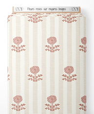 Tissu - Fleurs roses sur rayures beiges