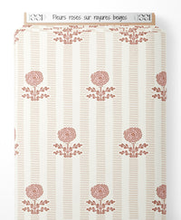 Tissu - Fleurs roses sur rayures beiges