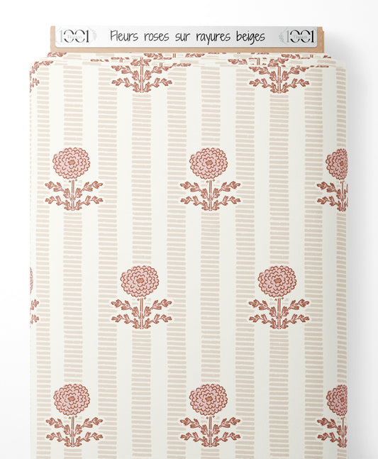Tissu - Fleurs roses sur rayures beiges