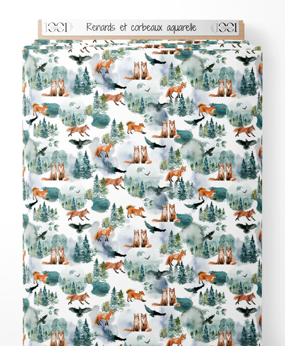 Tissu - Renards et corbeaux aquarelle