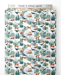 Tissu - Renards et corbeaux aquarelle