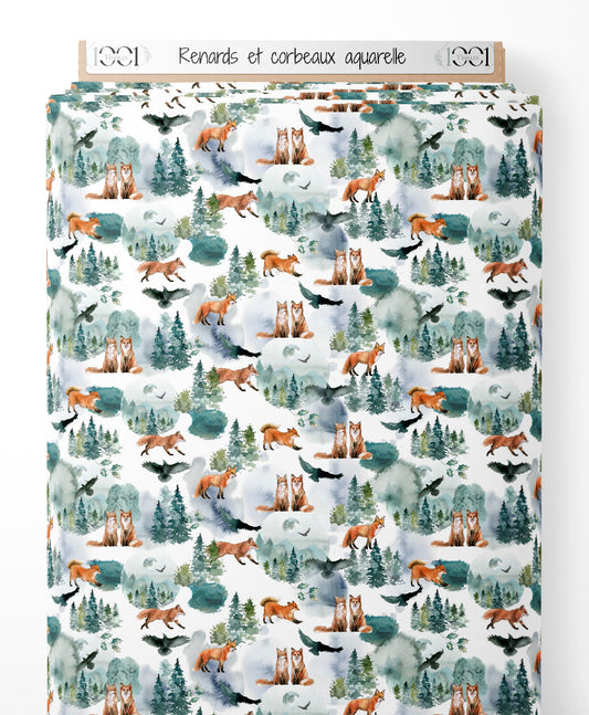 Tissu - Renards et corbeaux aquarelle