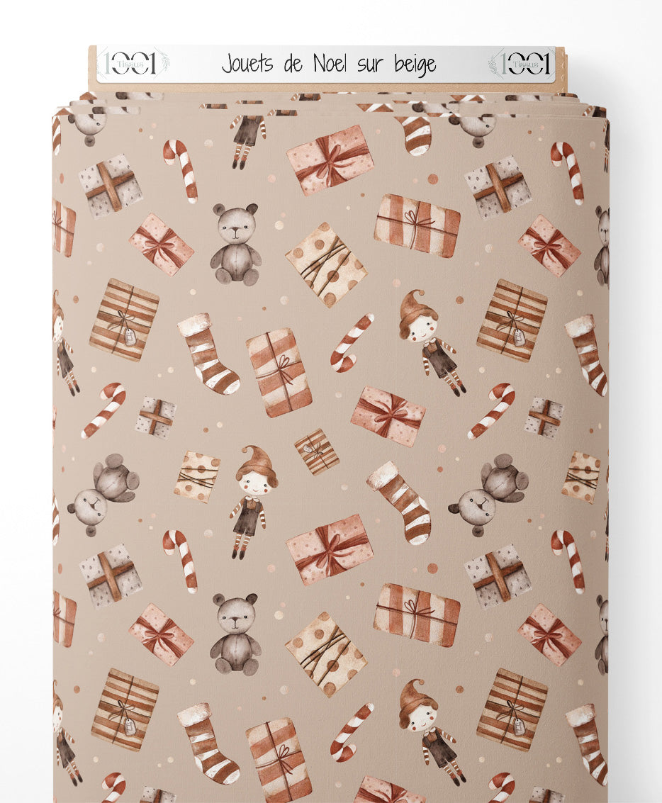 Tissu - Jouets de Noël sur beige