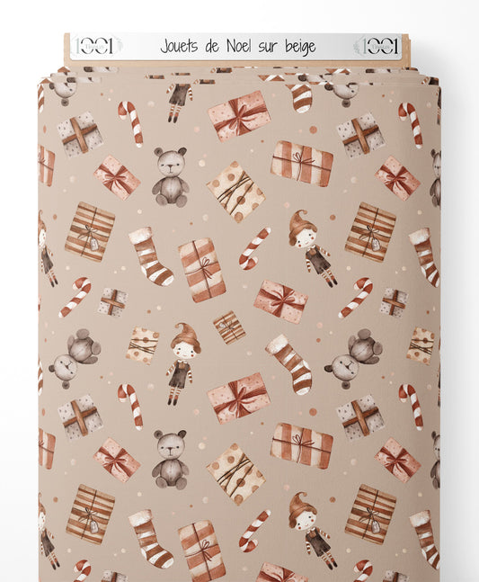 Tissu - Jouets de Noël sur beige
