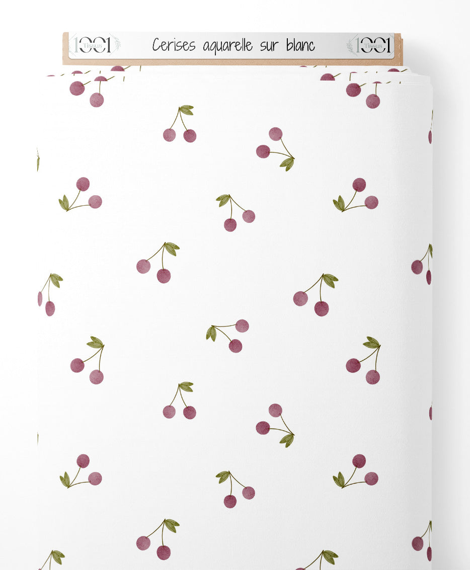 Tissu - Cerises aquarelle sur blanc