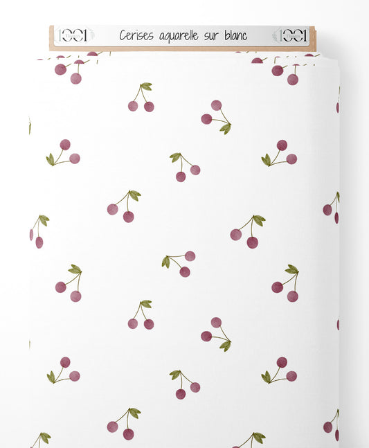 Tissu - Cerises aquarelle sur blanc