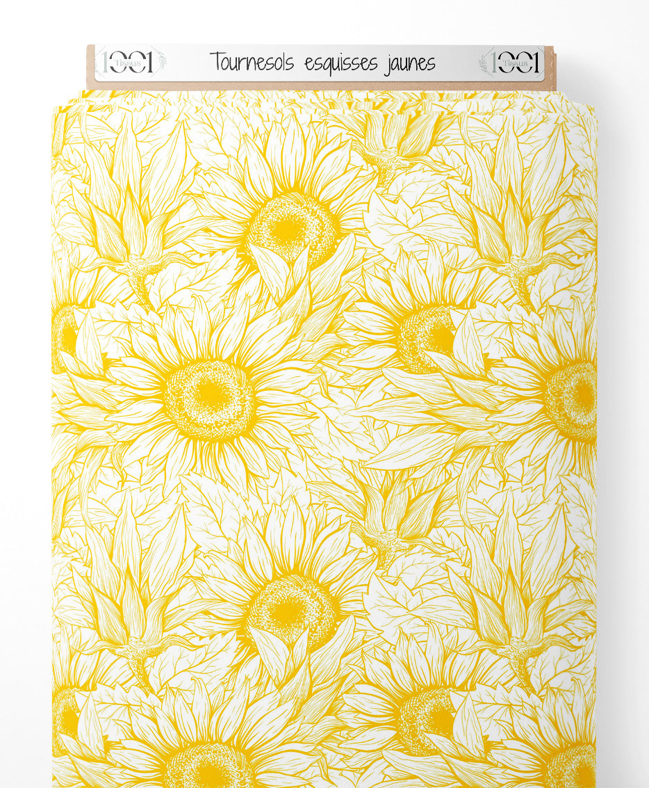 Tissu - Tournesols esquissés jaunes