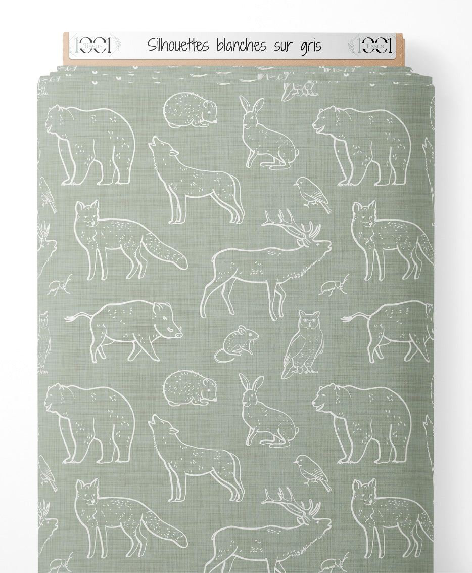 Tissu - Silhouettes blanches sur gris