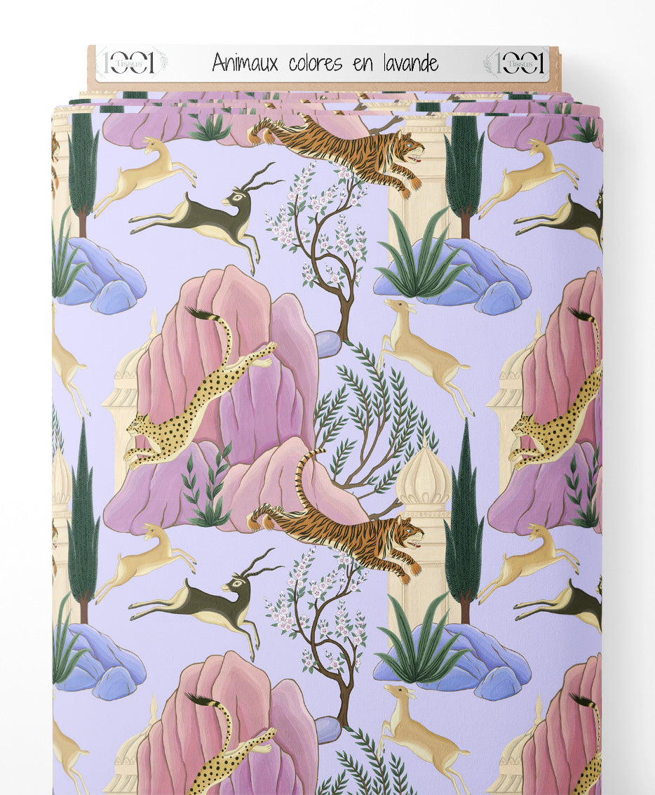 Tissu - Animaux colorés en lavande