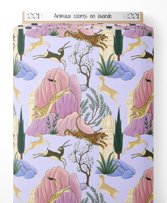 Tissu - Animaux colorés en lavande