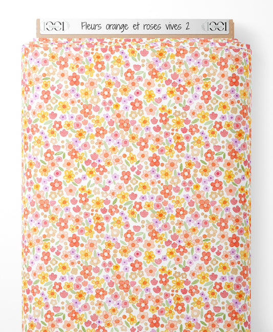 Tissu - Fleurs orange et roses vives 2