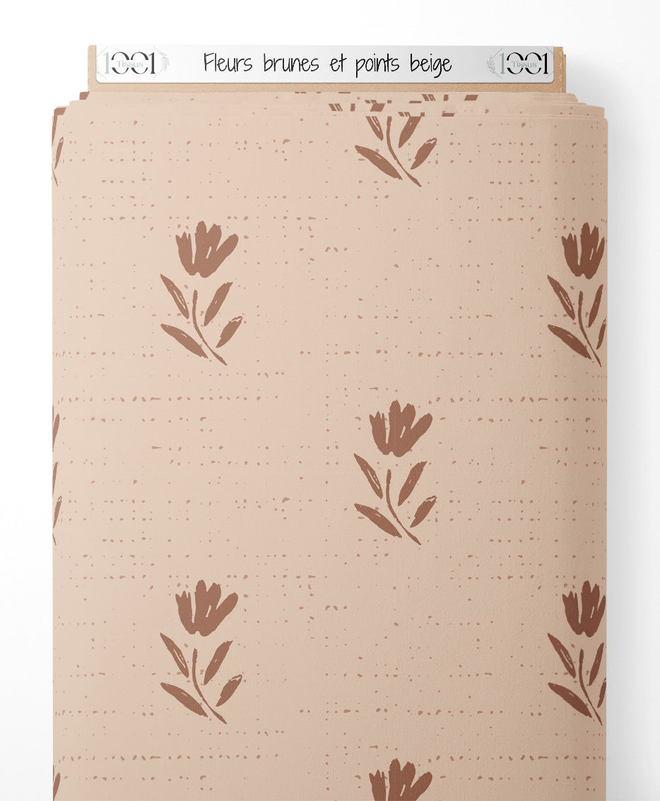 Tissu - Fleurs brunes et points beige