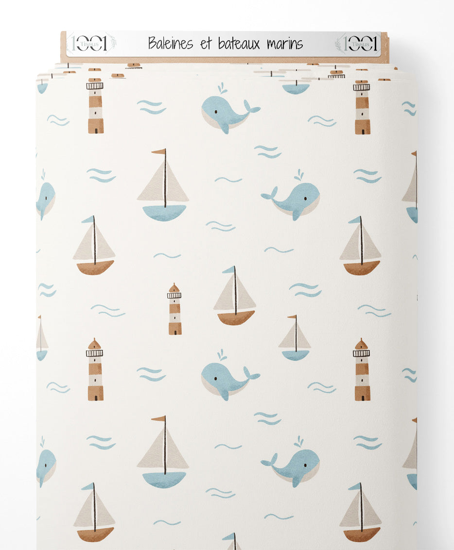 Tissu - Baleines et bateaux marins