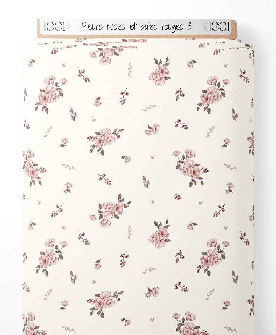 Tissu - Fleurs roses et baies rouges 3