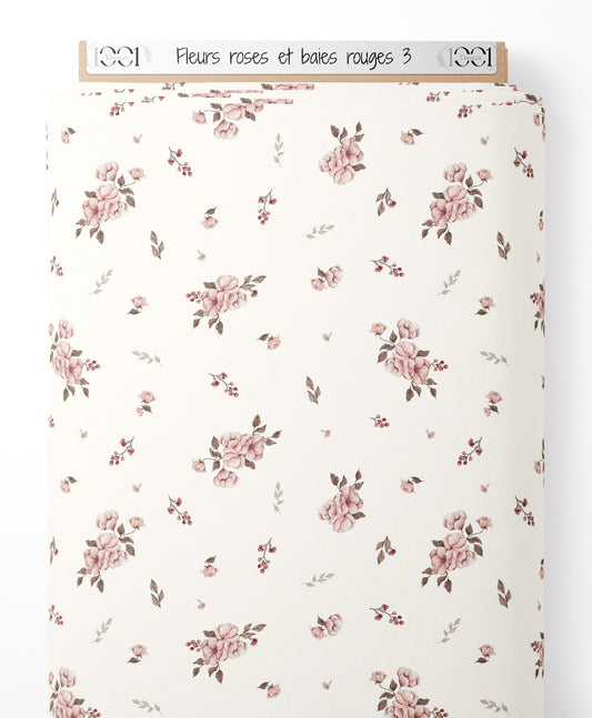 Tissu - Fleurs roses et baies rouges 3