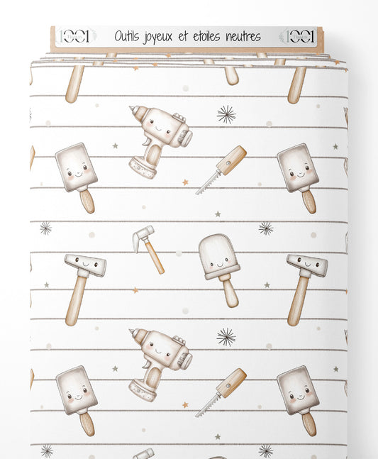 Tissu - Outils joyeux et étoiles neutres