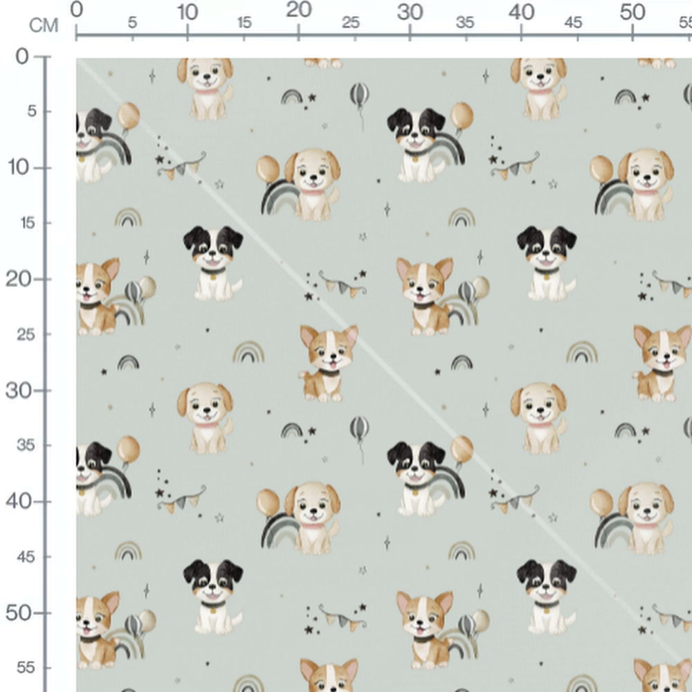 Tissu - Chiots joyeux sur fond vert