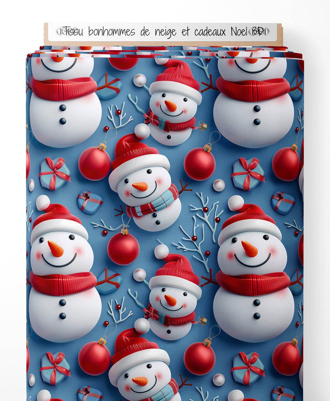 Tissu - bonhommes de neige et cadeaux Noel 3D