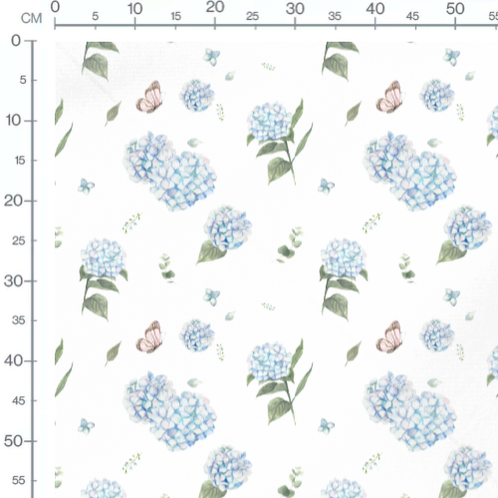 Tissu - Hortensias et papillon pastel