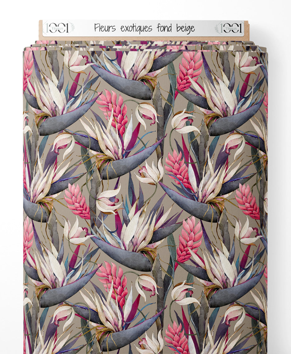 Tissu - Fleurs exotiques sur fond beige