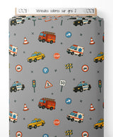 Tissu - Véhicules colorés sur gris 2