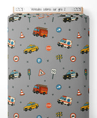 Tissu - Véhicules colorés sur gris 2