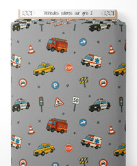 Tissu - Véhicules colorés sur gris 2