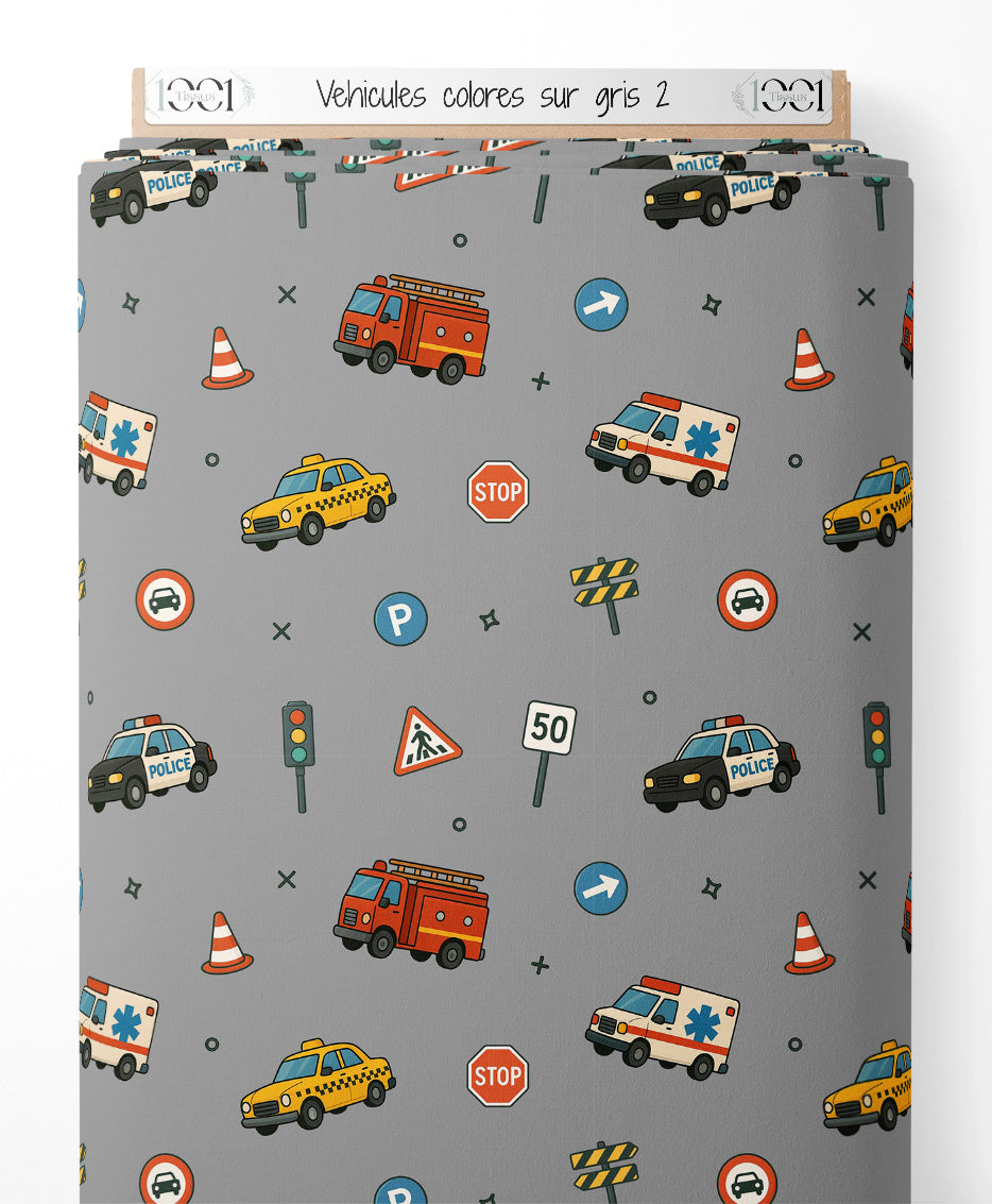 Tissu - Véhicules colorés sur gris 2
