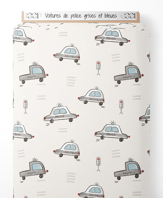 Tissu - Voitures de police grises et bleues