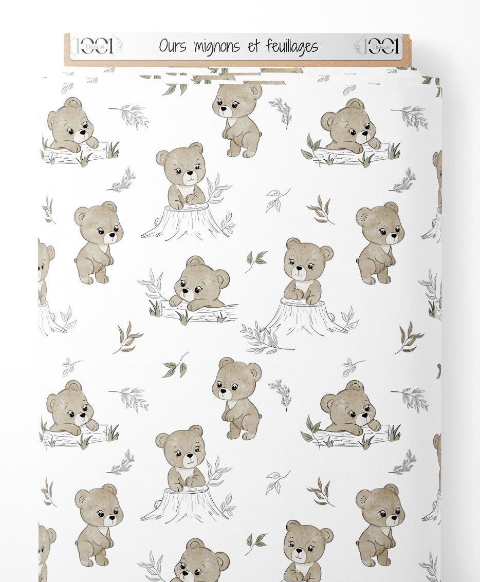 Tissu - Ours mignons et feuillages