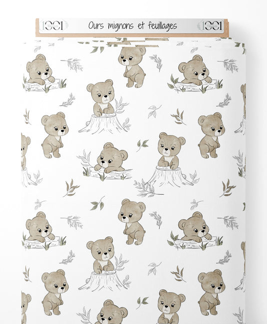 Tissu - Ours mignons et feuillages