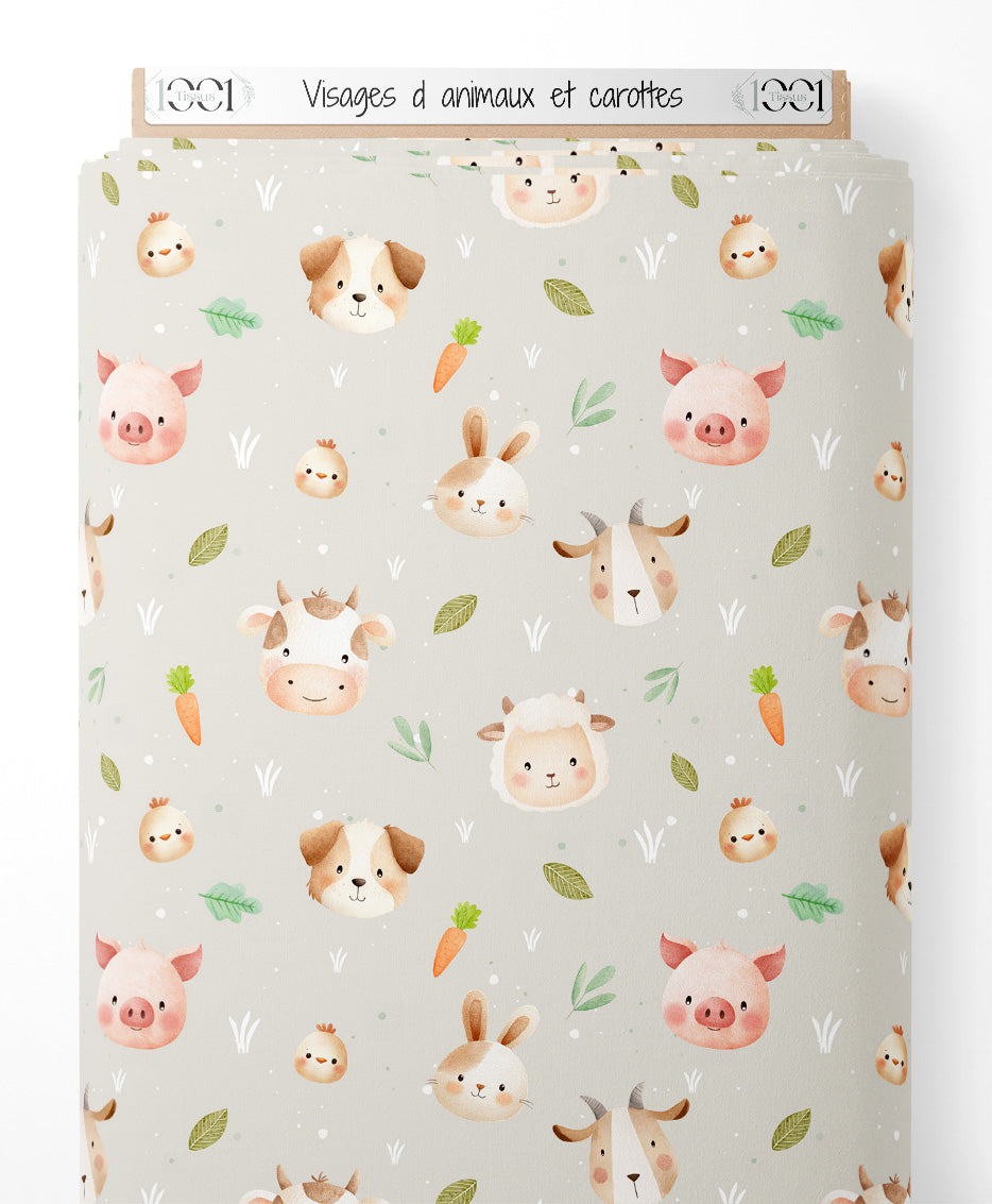 Tissu - Visages d'animaux et carottes