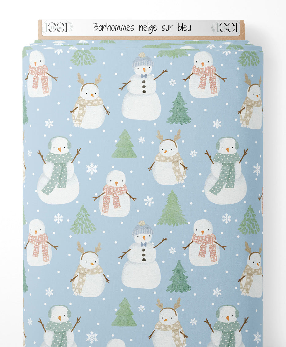 Tissu - Bonhommes neige sur bleu