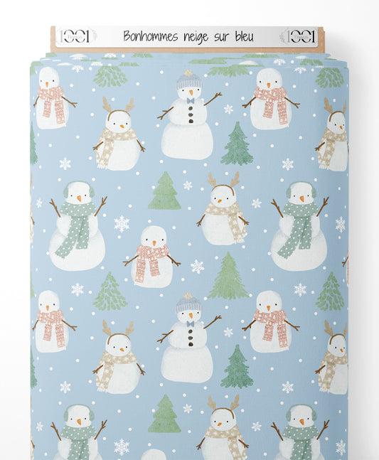 Tissu - Bonhommes neige sur bleu