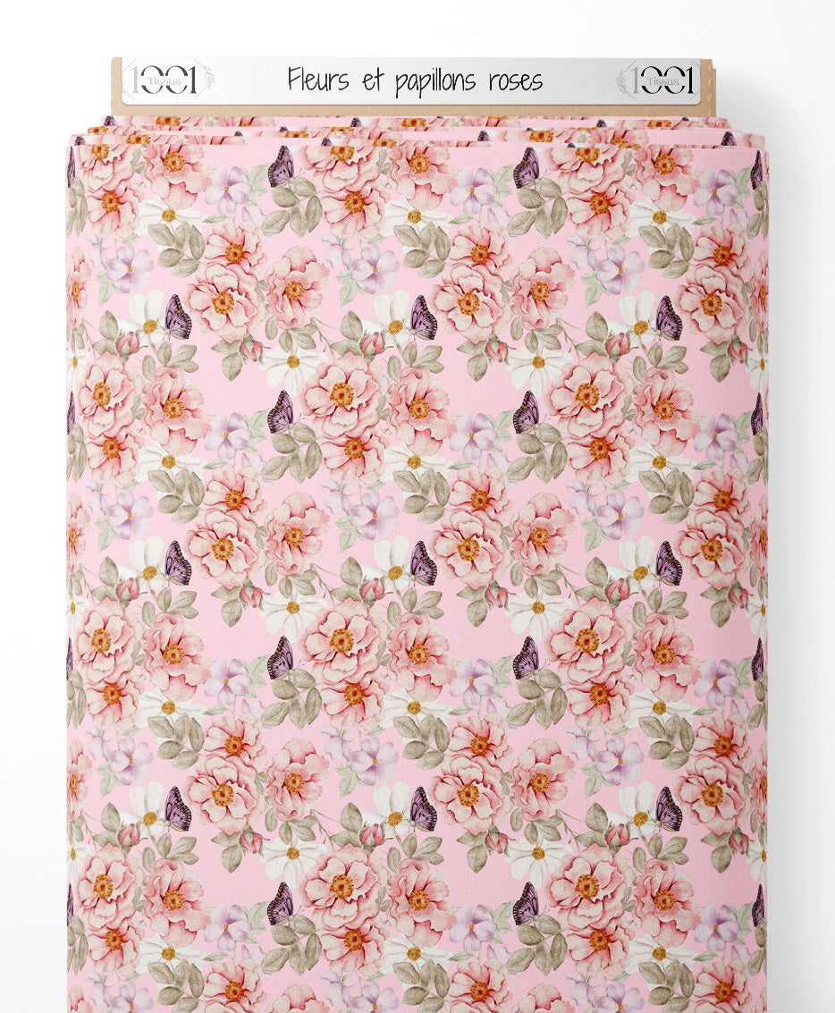 Tissu - Fleurs et papillons roses