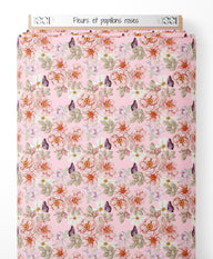 Tissu - Fleurs et papillons roses