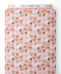 Tissu - Fleurs et papillons roses