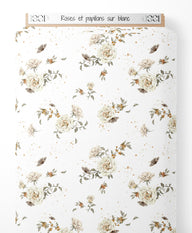 Tissu - Roses et papillons sur blanc