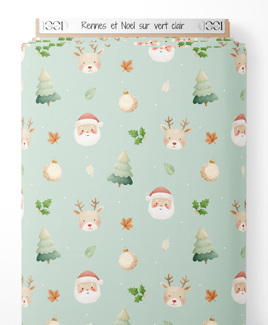 Tissu - Rennes et Noël sur vert clair