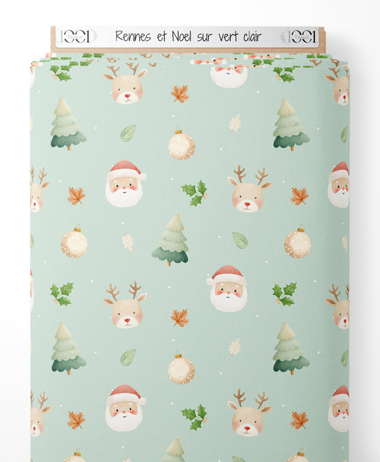Tissu - Rennes et Noël sur vert clair