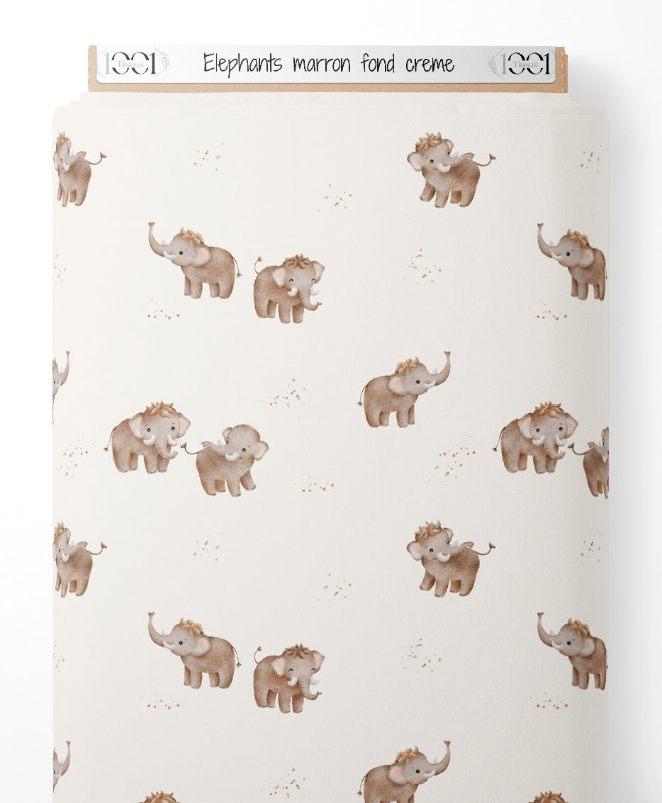 Tissu - Éléphants marron sur fond crème