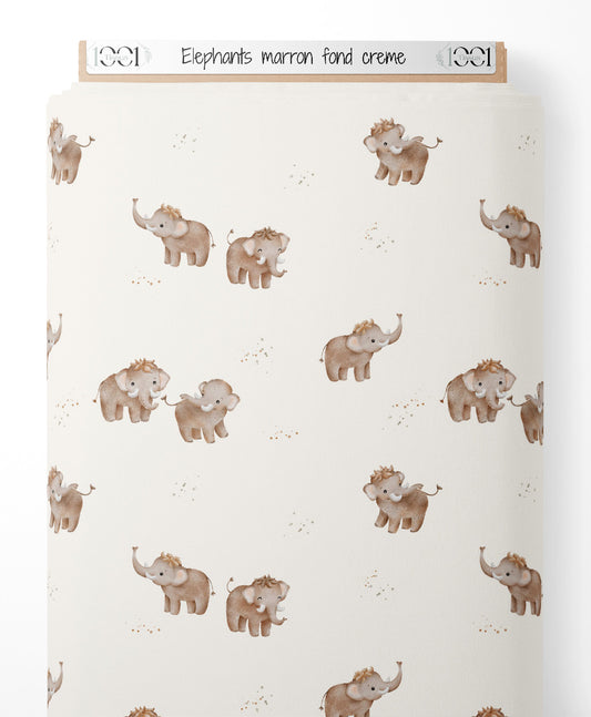 Tissu - Éléphants marron sur fond crème