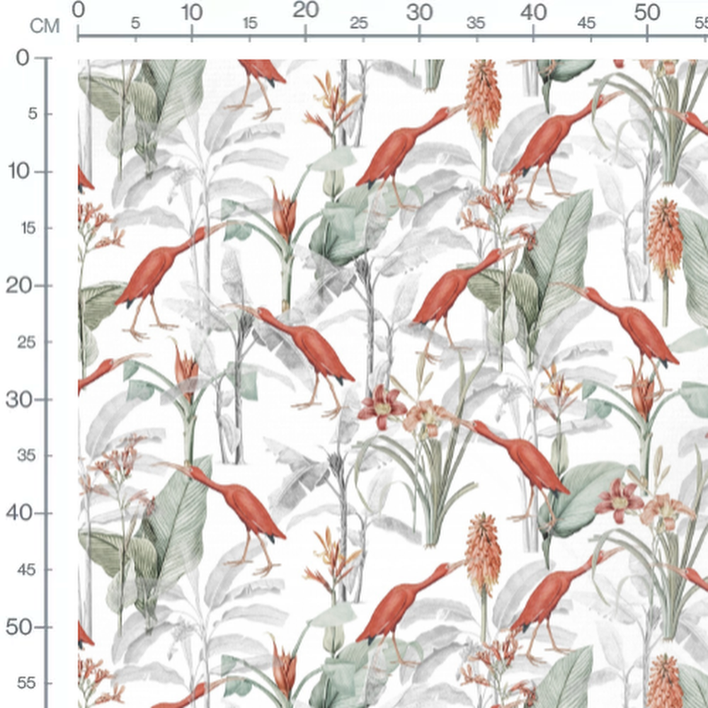 Tissu - Oiseaux rouges et feuillage