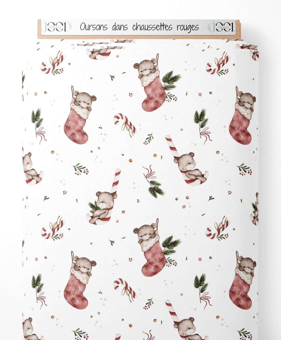 Tissu - Oursons dans chaussettes rouges