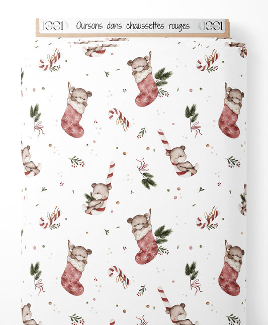 Tissu - Oursons dans chaussettes rouges